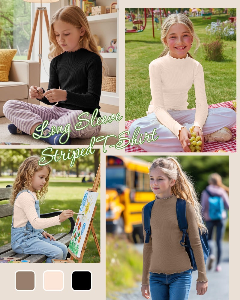 LessonZoo 3 Pack Girls Lettuce Trim Mock Neck Cotton Long Sleeve Shirts, 5-14 Years Ribbed Slim Tops Casual Layer Basic Tees(Black, Mocha, Cream,5-6 Years) - Image 2