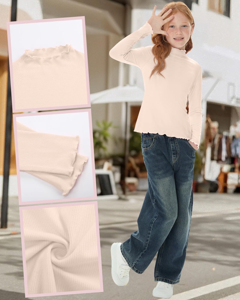 LessonZoo 3 Pack Girls Lettuce Trim Mock Neck Cotton Long Sleeve Shirts, 5-14 Years Ribbed Slim Tops Casual Layer Basic Tees(Black, Mocha, Cream,5-6 Years) - Image 3
