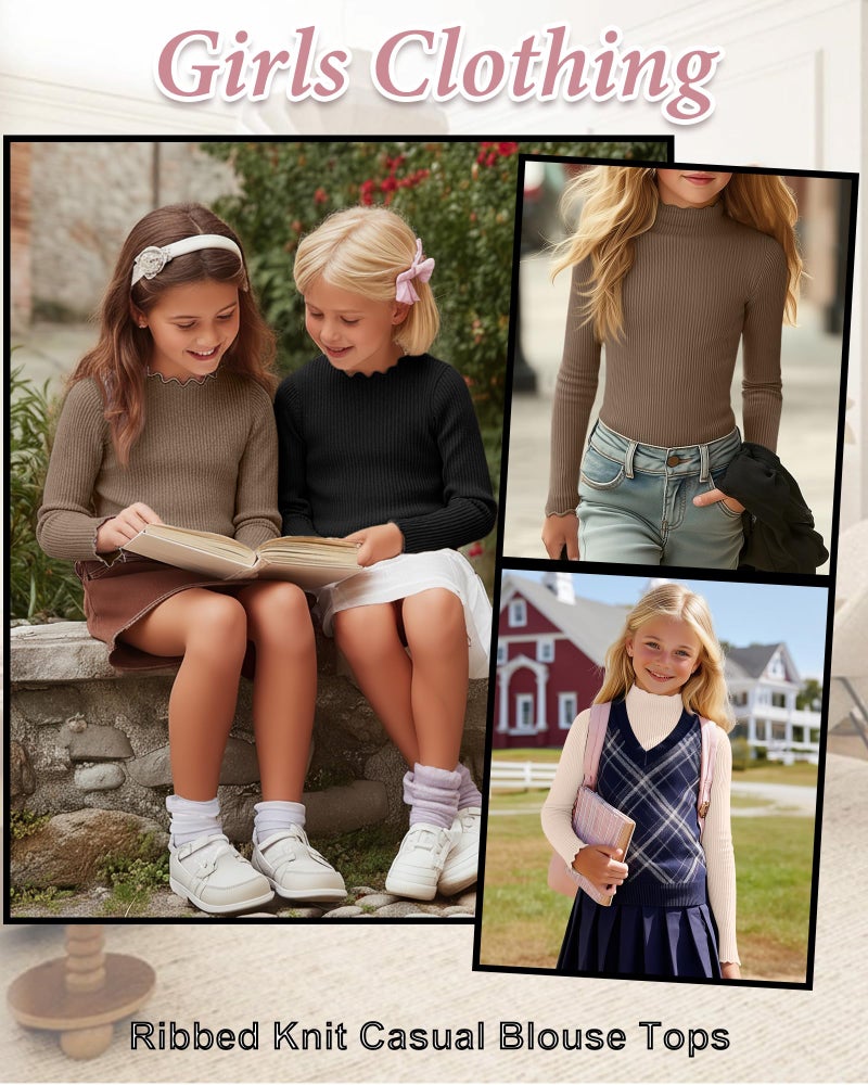 LessonZoo 3 Pack Girls Lettuce Trim Mock Neck Cotton Long Sleeve Shirts, 5-14 Years Ribbed Slim Tops Casual Layer Basic Tees(Black, Mocha, Cream,5-6 Years) - Image 4