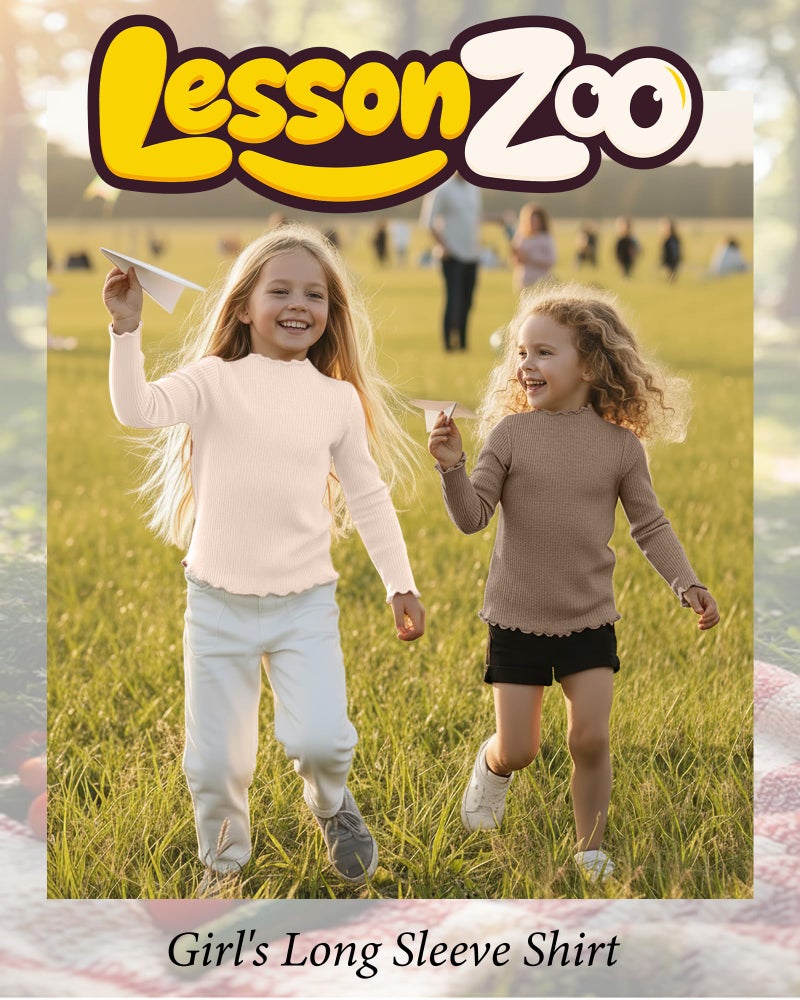 LessonZoo 3 Pack Girls Lettuce Trim Mock Neck Cotton Long Sleeve Shirts, 5-14 Years Ribbed Slim Tops Casual Layer Basic Tees(Black, Mocha, Cream,5-6 Years) - Image 5