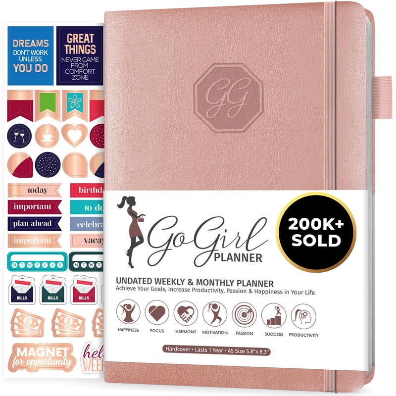 GoGirl Planner and Organizer for Women Compact Size Weekly Planner Goals Journal Agenda to Improve Time Management Productivity Live Happier Undated Start Anytime Lasts 1 Year Rose Gold