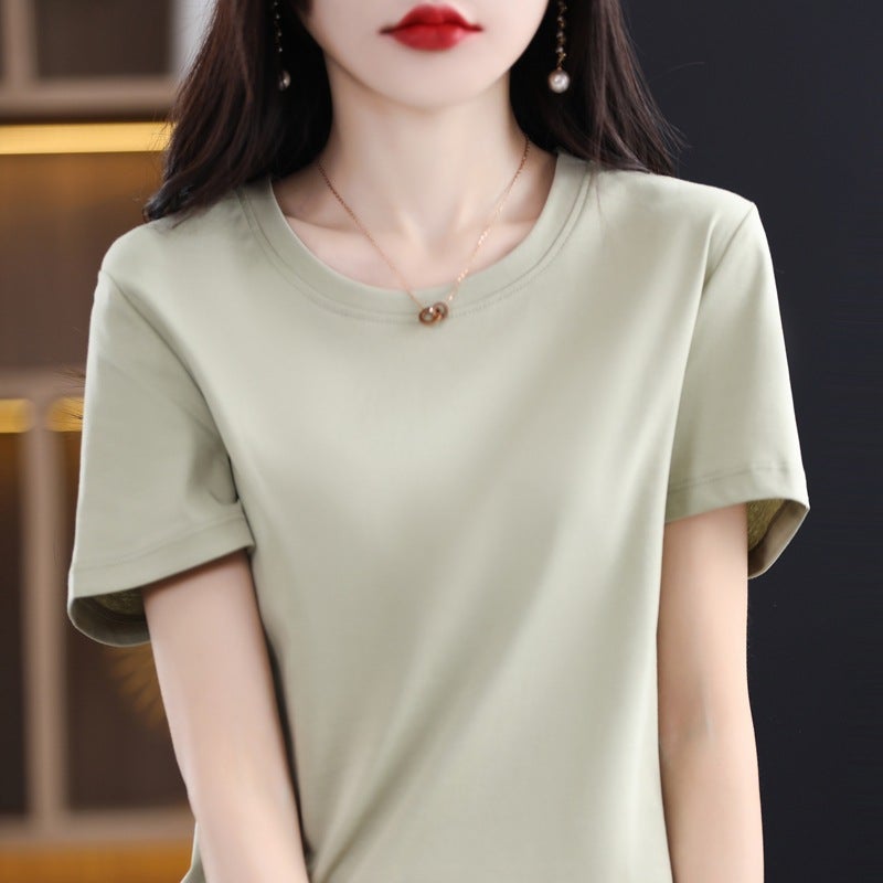 Summer Ice-feeling Double-sided mercerized cotton Short-sleeved T-shirt Women's Round Neck Pure Cotton White T-shirt Top All-match Slimming Base Shirt - Image 2