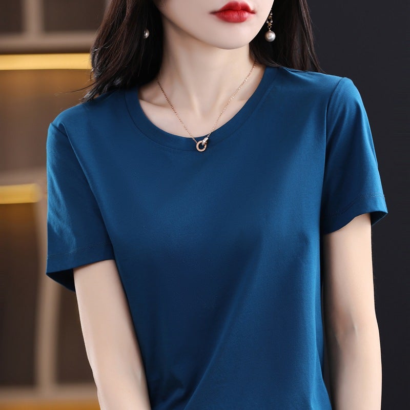 Summer Ice-feeling Double-sided mercerized cotton Short-sleeved T-shirt Women's Round Neck Pure Cotton White T-shirt Top All-match Slimming Base Shirt - Image 1