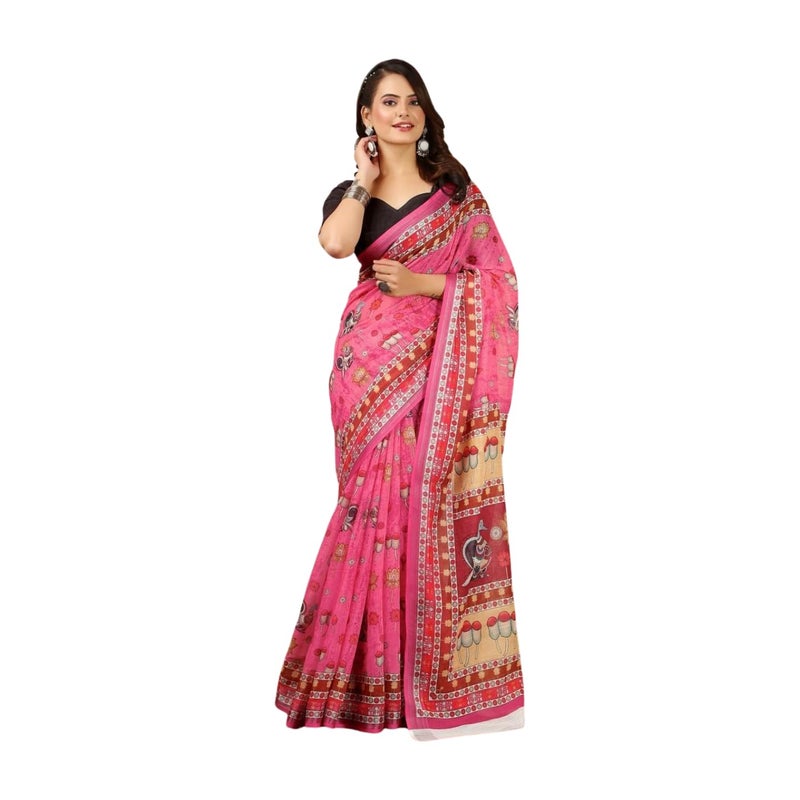 Sidhidata Women's Digital Printed Cotton Linen Blend Saree with Unstitched Blouse Piece in Pink and Multicolor - Image 1