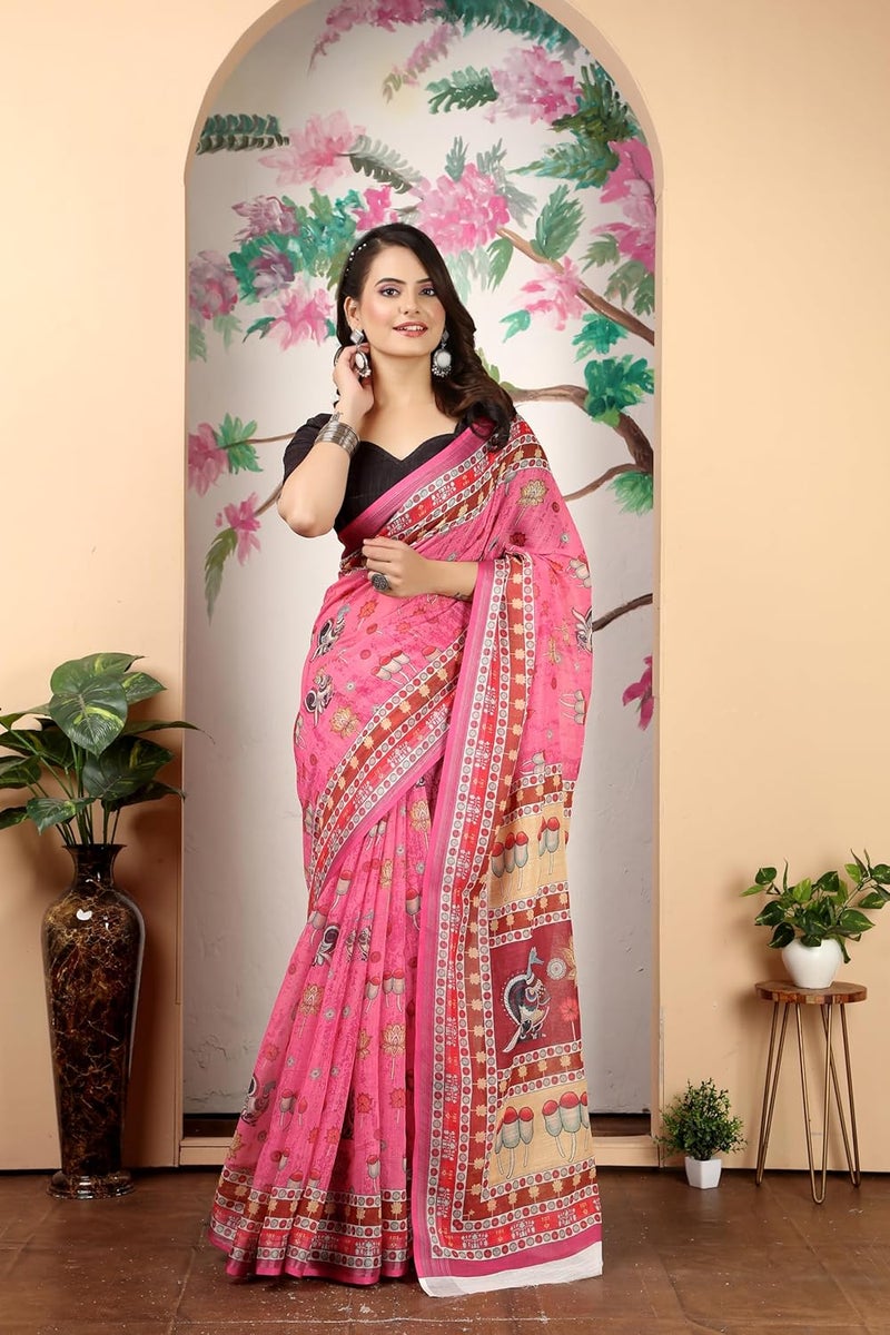 Sidhidata Women's Digital Printed Cotton Linen Blend Saree with Unstitched Blouse Piece in Pink and Multicolor - Image 2