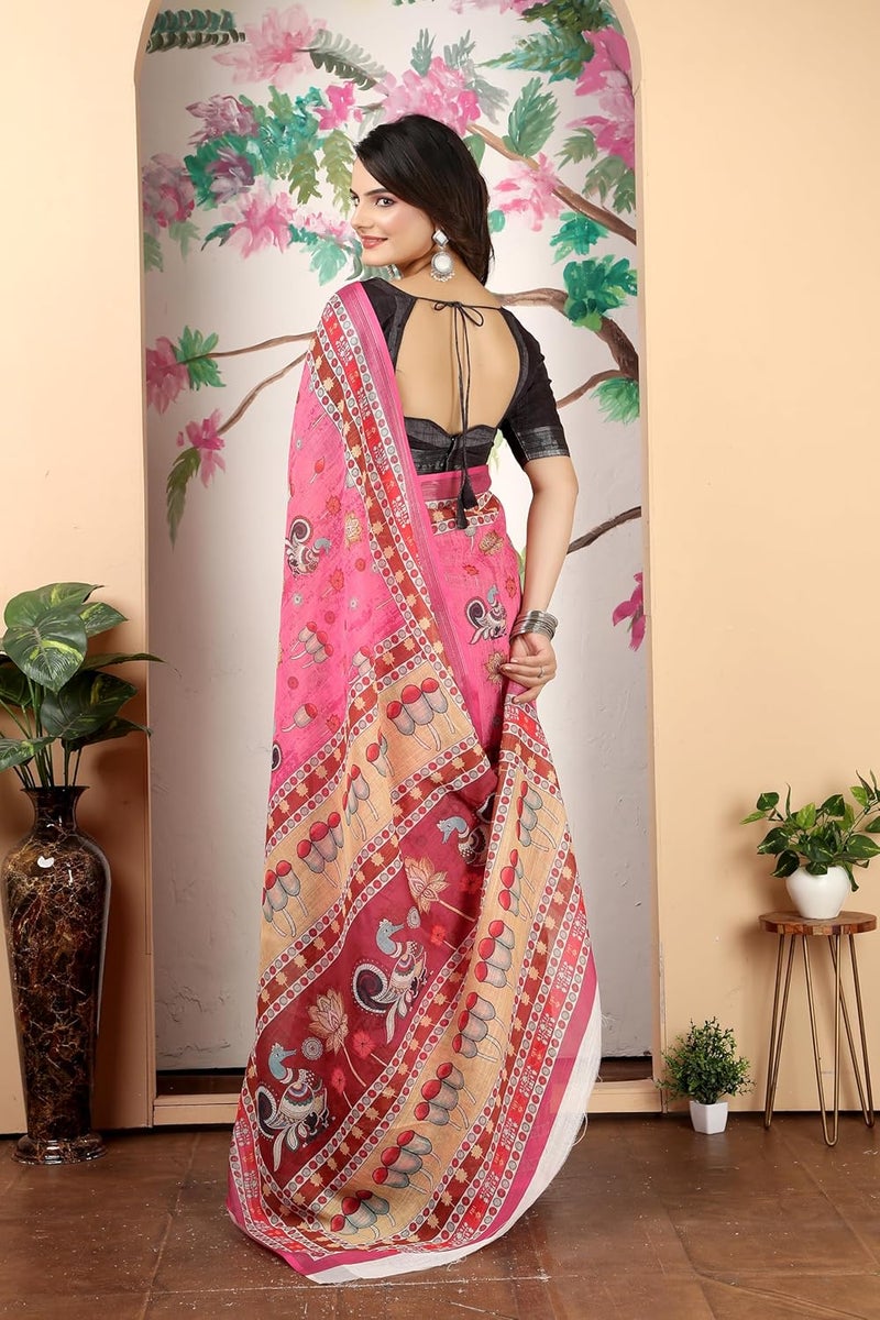 Sidhidata Women's Digital Printed Cotton Linen Blend Saree with Unstitched Blouse Piece in Pink and Multicolor - Image 4