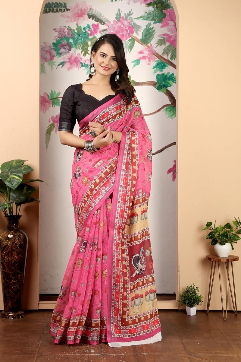 Sidhidata Women's Digital Printed Cotton Linen Blend Saree with Unstitched Blouse Piece in Pink and Multicolor - Image 5