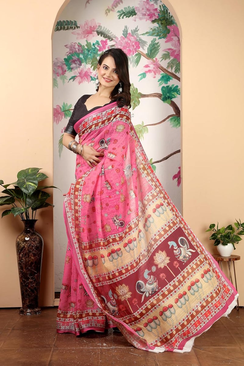 Sidhidata Women's Digital Printed Cotton Linen Blend Saree with Unstitched Blouse Piece in Pink and Multicolor - Image 3
