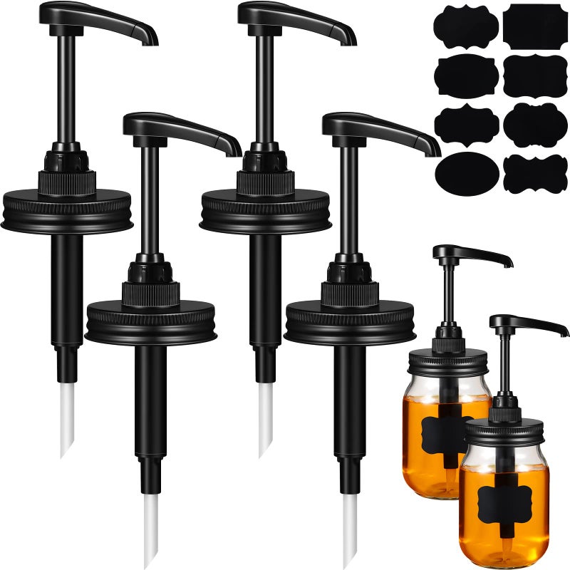 مجموعة 4 عبوات من غطاء مضخة توزيع شراب ميسون مع ملصقات وقلم مضخة عسل لبرطمانات ميسون سعة 16 أونصة