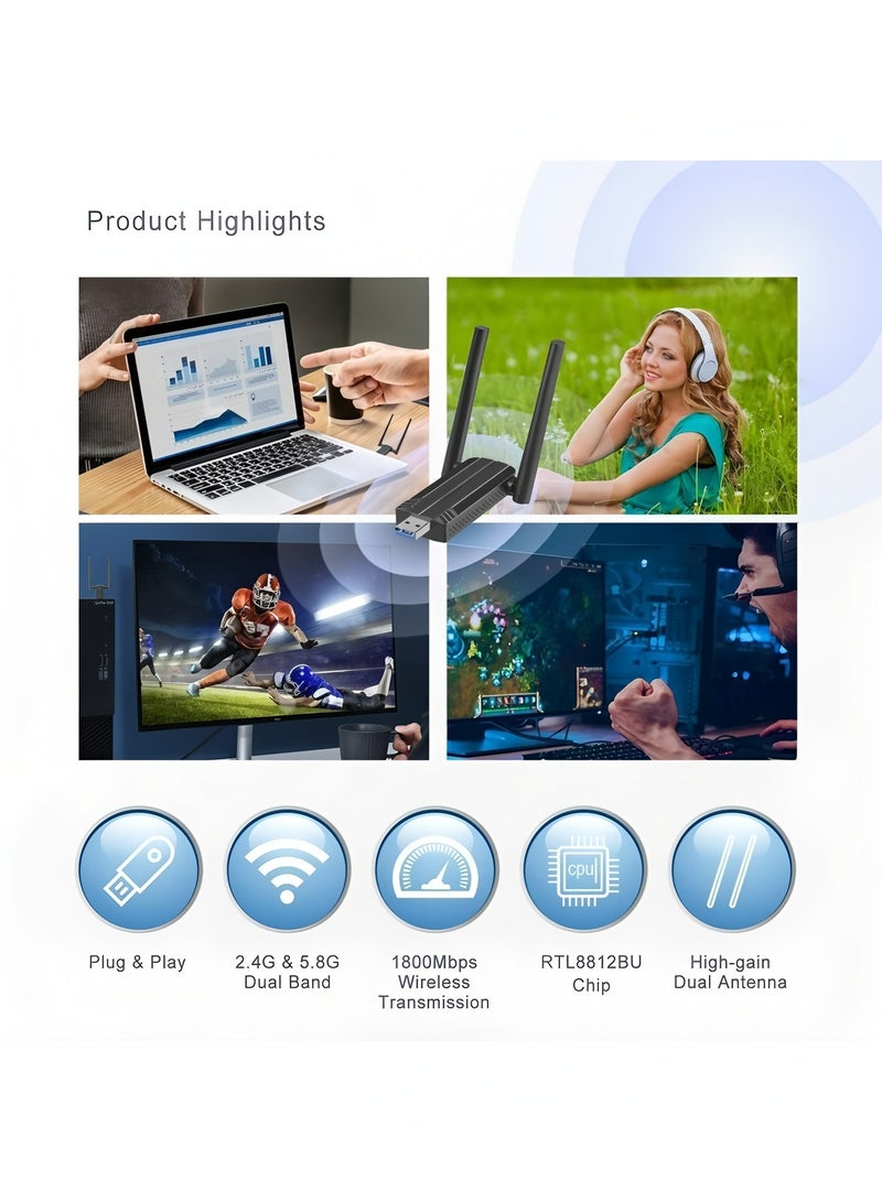عام محول واي فاي USB، دونجل واي فاي 6 ثنائي النطاق بسرعة 1800 ميجابت في الثانية، محول شبكة لاسلكية USB 3.0 5G/2.4G لأجهزة الكمبيوتر المكتبية والمحمولة مع هوائيات مزدوجة 5dBi - Image 2
