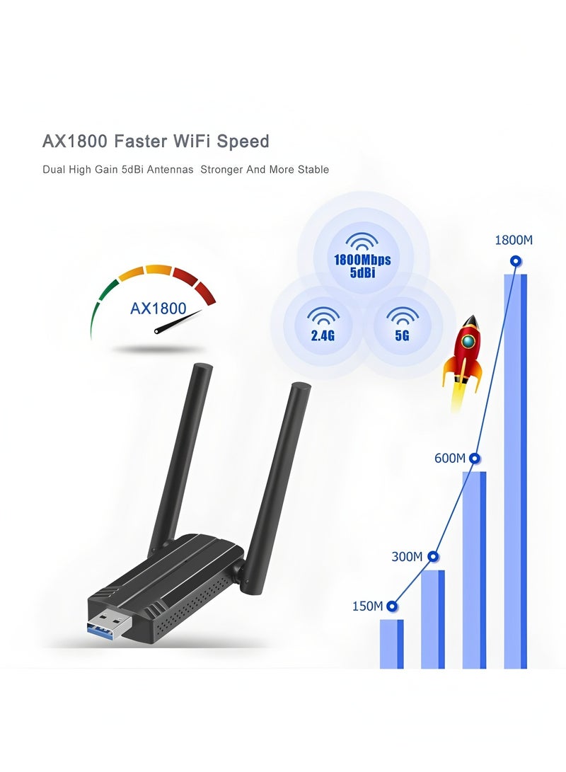عام محول واي فاي USB، دونجل واي فاي 6 ثنائي النطاق بسرعة 1800 ميجابت في الثانية، محول شبكة لاسلكية USB 3.0 5G/2.4G لأجهزة الكمبيوتر المكتبية والمحمولة مع هوائيات مزدوجة 5dBi - Image 3