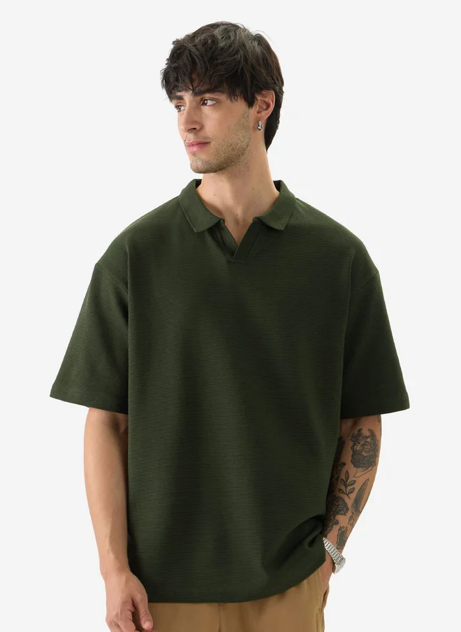 The Souled Store Men Olive Green Solid Cottonblend Oversized Fit Polo