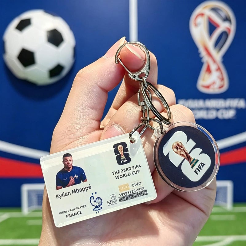 Football keychains featuring Messi, Neymar, Mbappe, and Ronaldo; US, Canada, and Mexico ornaments; 2026 World Cup small gifts.