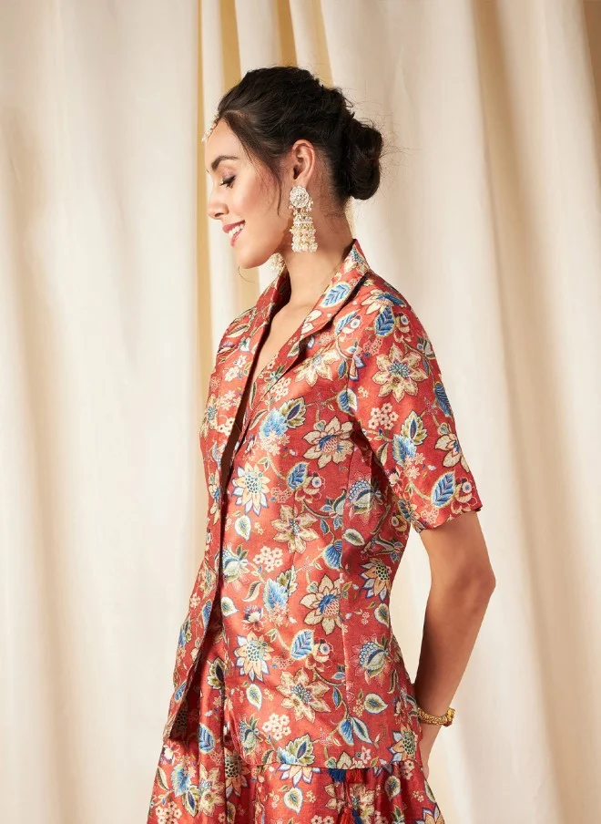 SASSAFRAS Rust Orange Floral Printed Blazer for Women