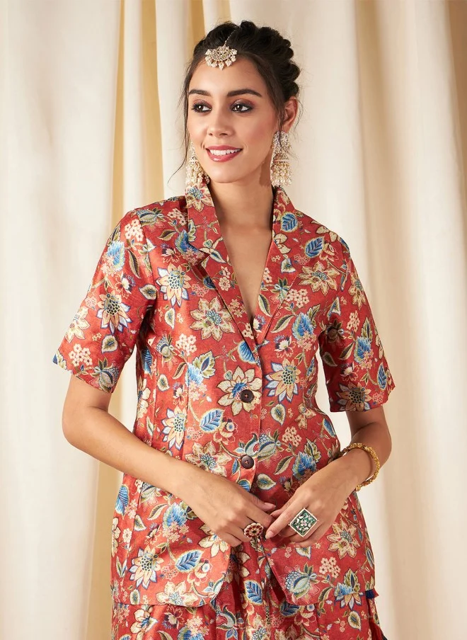 SASSAFRAS Rust Orange Floral Printed Blazer for Women