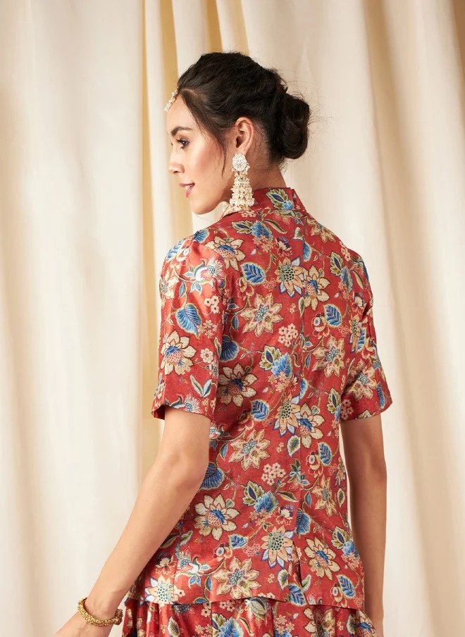 SASSAFRAS Rust Orange Floral Printed Blazer for Women