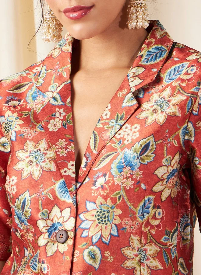 SASSAFRAS Rust Orange Floral Printed Blazer for Women