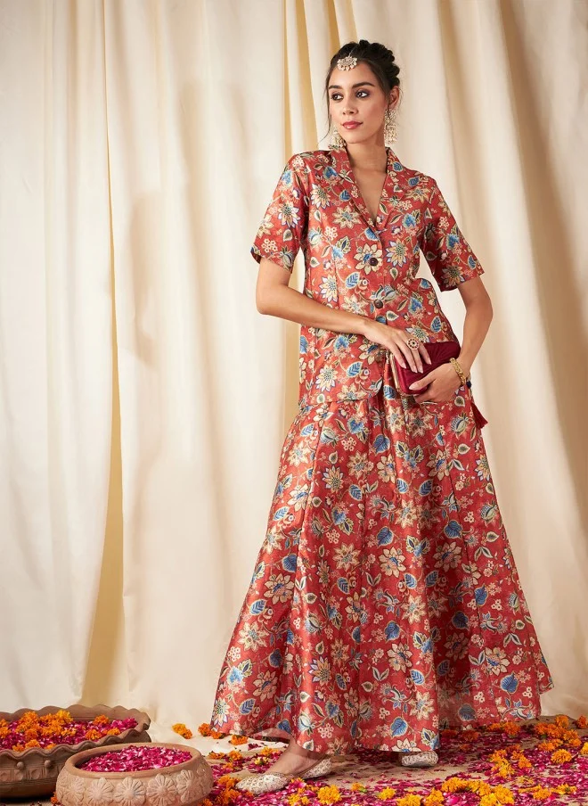 SASSAFRAS Rust Orange Floral Printed Blazer for Women