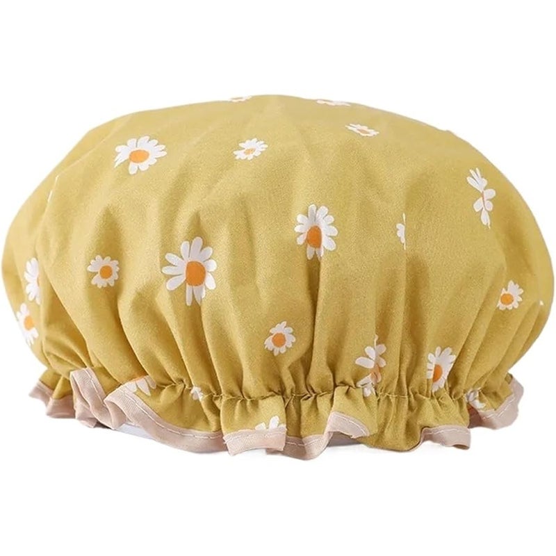 Double Layer Waterproof Shower Cap - Thick Daisy Bow Design For Women's Bath & Hair Care(Yellow) - Image 1