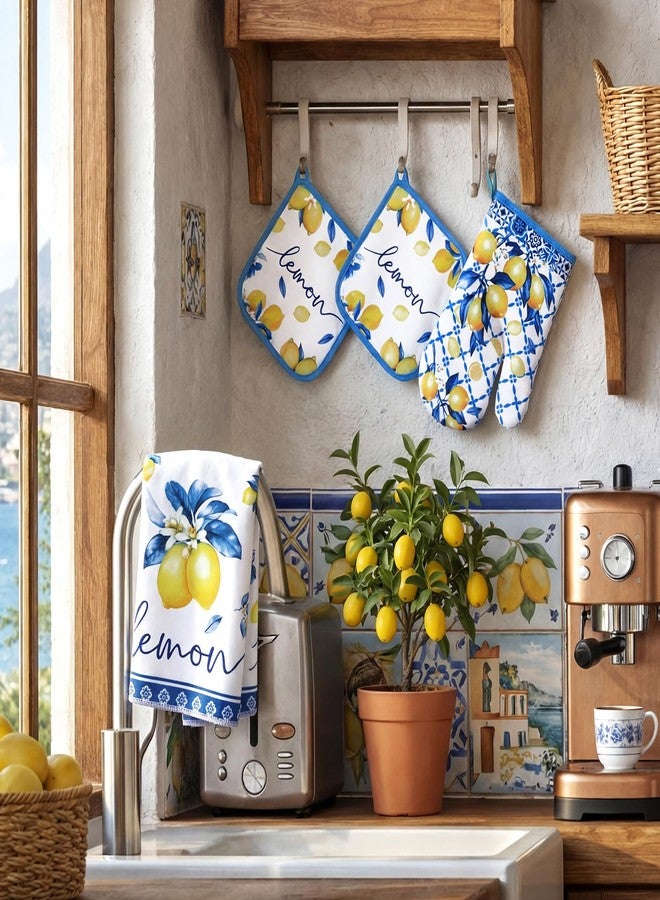 FoldTier 6 Pcs Capri Lemon Kitchen Decoration Set Blue Lemons Towels Pot Holders Oven Mitts Set Amalfi Coast Kitchen Accessories Mediterranean Housewarming Gifts for Summer Baking Cooking - Image 5