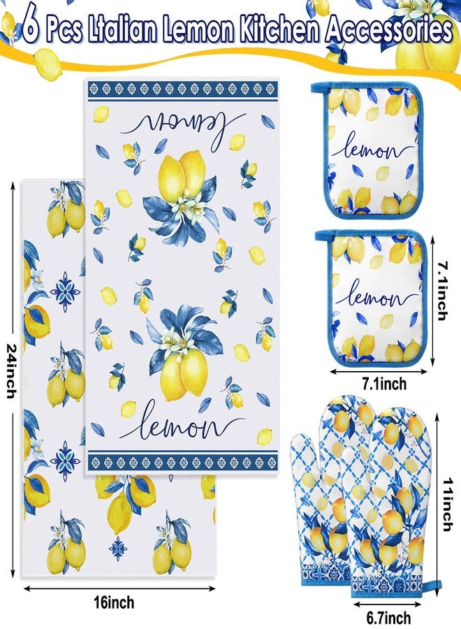 FoldTier 6 Pcs Capri Lemon Kitchen Decoration Set Blue Lemons Towels Pot Holders Oven Mitts Set Amalfi Coast Kitchen Accessories Mediterranean Housewarming Gifts for Summer Baking Cooking - Image 3
