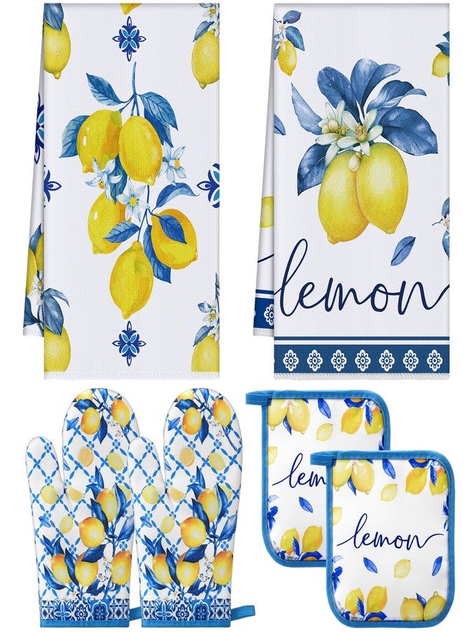 FoldTier 6 Pcs Capri Lemon Kitchen Decoration Set Blue Lemons Towels Pot Holders Oven Mitts Set Amalfi Coast Kitchen Accessories Mediterranean Housewarming Gifts for Summer Baking Cooking - Image 1