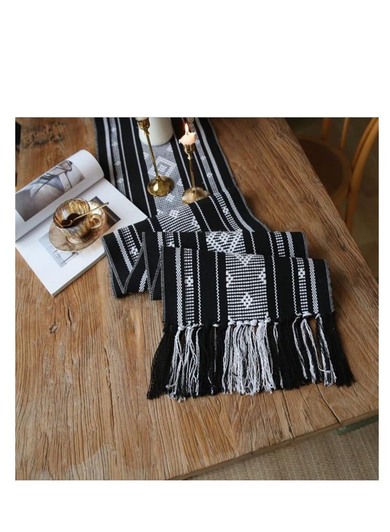 SYOSI Boho Table Runner with Tassel 13.5 71Inch Farmhouse Style Woven Table Runners Linen Table Runner for Bedroom Party  Black and White - Image 2