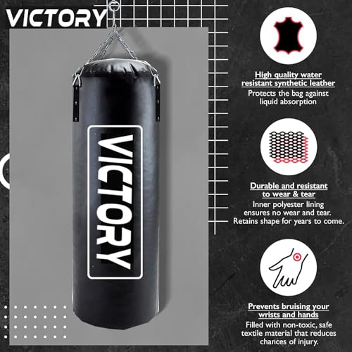 Victory Heavy Synthetic Leather Boxing Punching Bag Black | Hand Wrap | Stainless Steel Hanging Chain | Boxing | MMA | Kickboxing | Muay Thai | Karate | Judo | Taekwondo (2 Feet) - Image 5