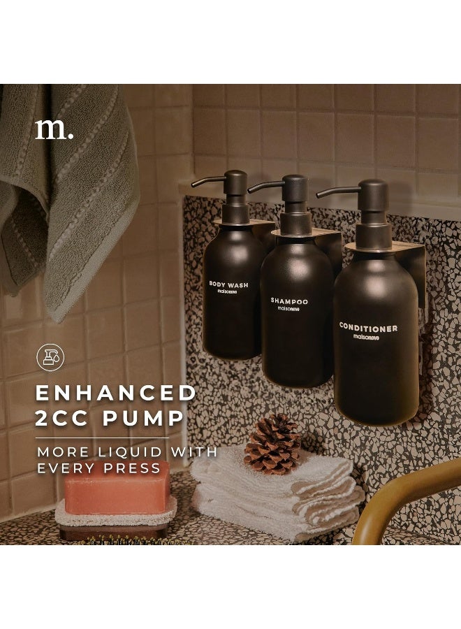 Maisonovo  Shampoo Dispenser For Shower Wall 3 Chamber - Drill Free Soap Dispenser Wall Mount With Waterproof Labels | 3 Black Plastic Bottles 4 Black Wall Mounts - Image 3