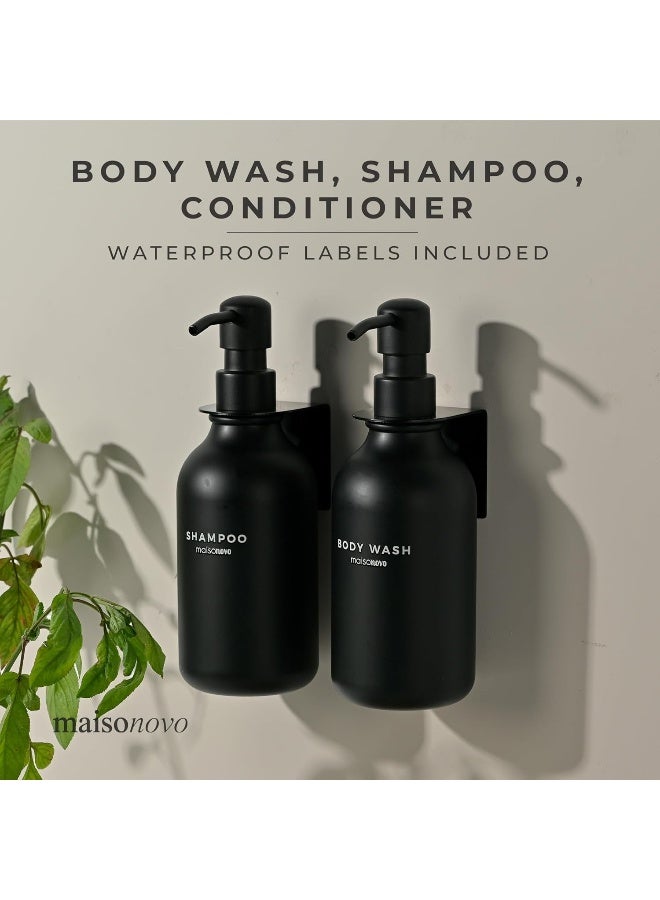 Maisonovo  Shampoo Dispenser For Shower Wall 3 Chamber - Drill Free Soap Dispenser Wall Mount With Waterproof Labels | 3 Black Plastic Bottles 4 Black Wall Mounts - Image 5