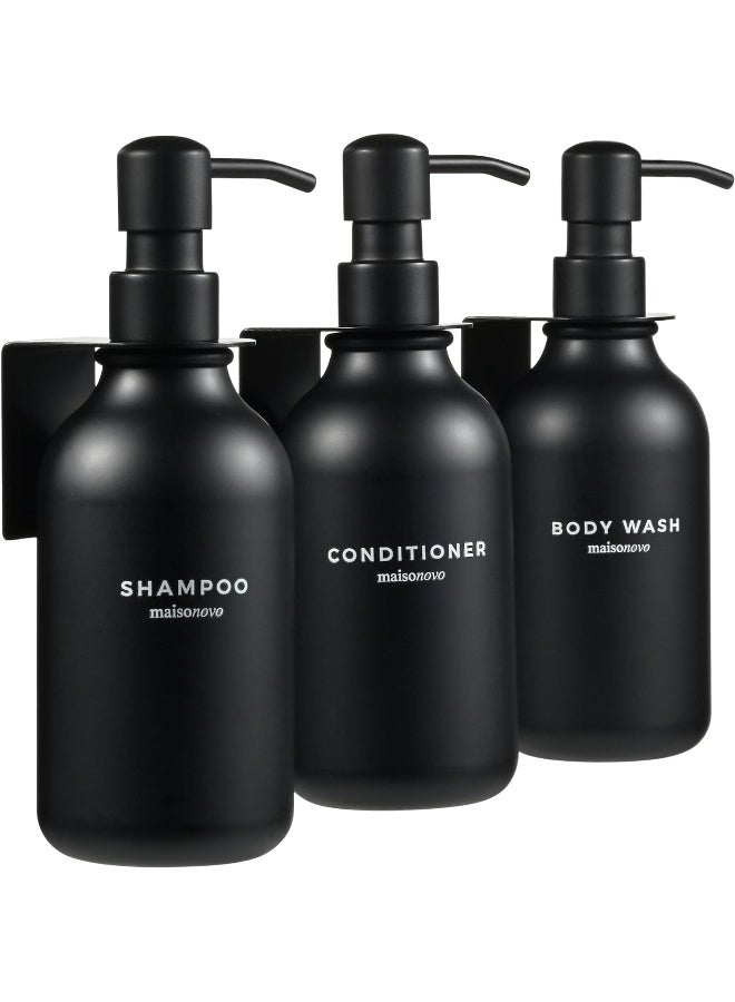 Maisonovo  Shampoo Dispenser For Shower Wall 3 Chamber - Drill Free Soap Dispenser Wall Mount With Waterproof Labels | 3 Black Plastic Bottles 4 Black Wall Mounts - Image 4