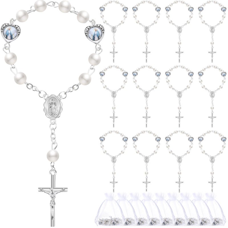 Misdary 30 Sets Baptism Mini Rosary with Organza Bags Faux Pearls Baptism Rosary Favors for Guests Catholic Finger for Christening Weddings Party Favors First Communion Gift(Silvery) - Image 1