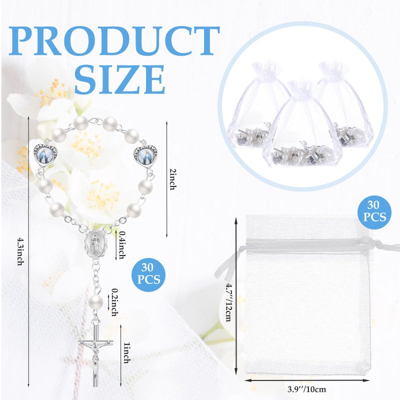 Misdary 30 Sets Baptism Mini Rosary with Organza Bags Faux Pearls Baptism Rosary Favors for Guests Catholic Finger for Christening Weddings Party Favors First Communion Gift(Silvery) - Image 2