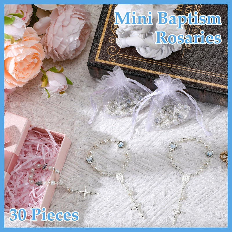 Misdary 30 Sets Baptism Mini Rosary with Organza Bags Faux Pearls Baptism Rosary Favors for Guests Catholic Finger for Christening Weddings Party Favors First Communion Gift(Silvery) - Image 4
