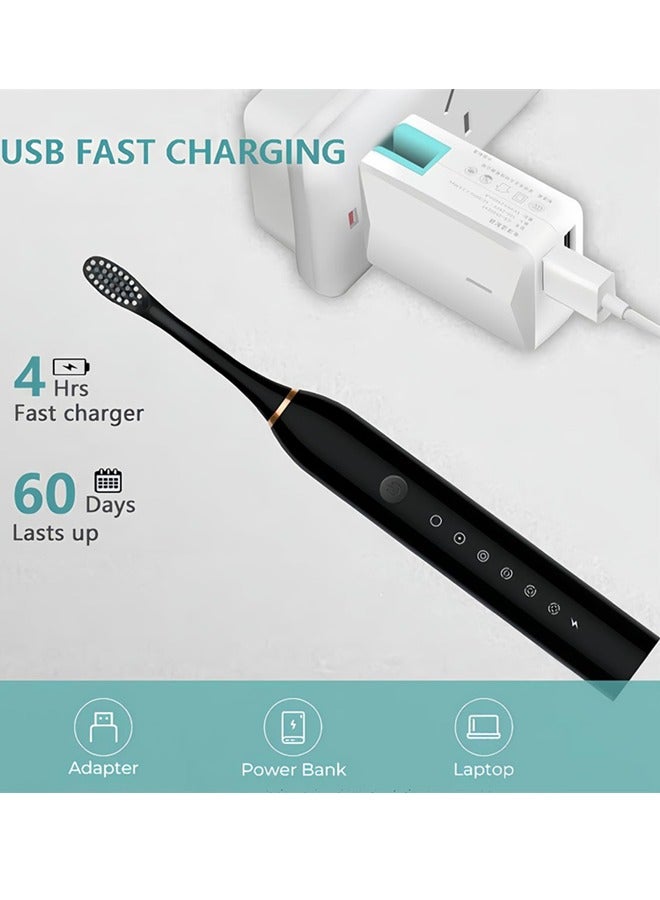 VibeHome Electric Toothbrush for Adults and Kids,Sonic Whitening Toothbrush with 4 Brush Heads,6 Cleaning Modes,2 Mins Smart Timer,Waterproof Toothbrush,USB Rechargeable,One Charge for 60 Days (Black) - Image 3
