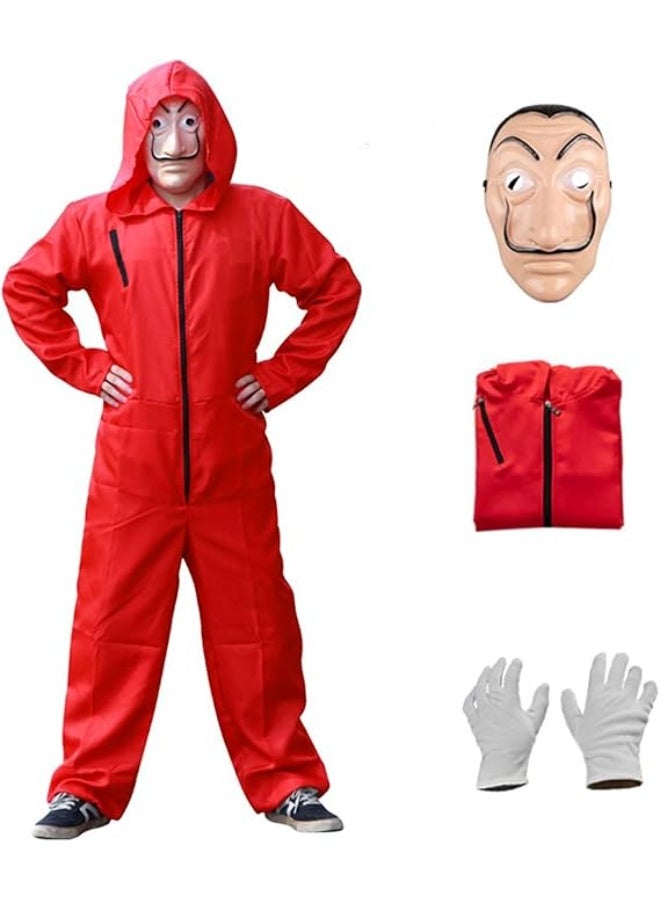 Brain Giggles Money Heist Costume – Red Jumpsuit with Salvador Dali Mask and Gloves – Unisex Halloween Cosplay Outfit for Men Women – Carnival Book Day Fancy Dress Full Set TV Show - Image 1