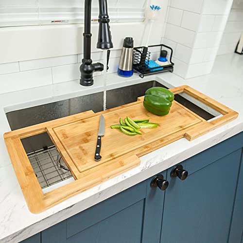 Hifybaty [2024 UPGRADE] Hifybaty Over The Sink Cutting Board - Expandable Cutting Board Over Sink, Bamboo Cutting Boards with Juice Groove, Kitchen Sink Cutting Board - Image 1