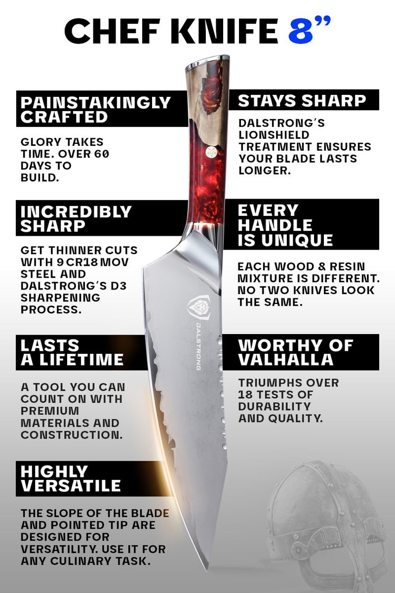 Dalstrong Chef Knife - 8 inch Blade - Premium 9CR18MOV HC Steel - Full Tang - Red Resin Handle - Chef's Knife - Valhalla Series - Razor Sharp Kitchen - Professional Leatther Sheath - Image 5