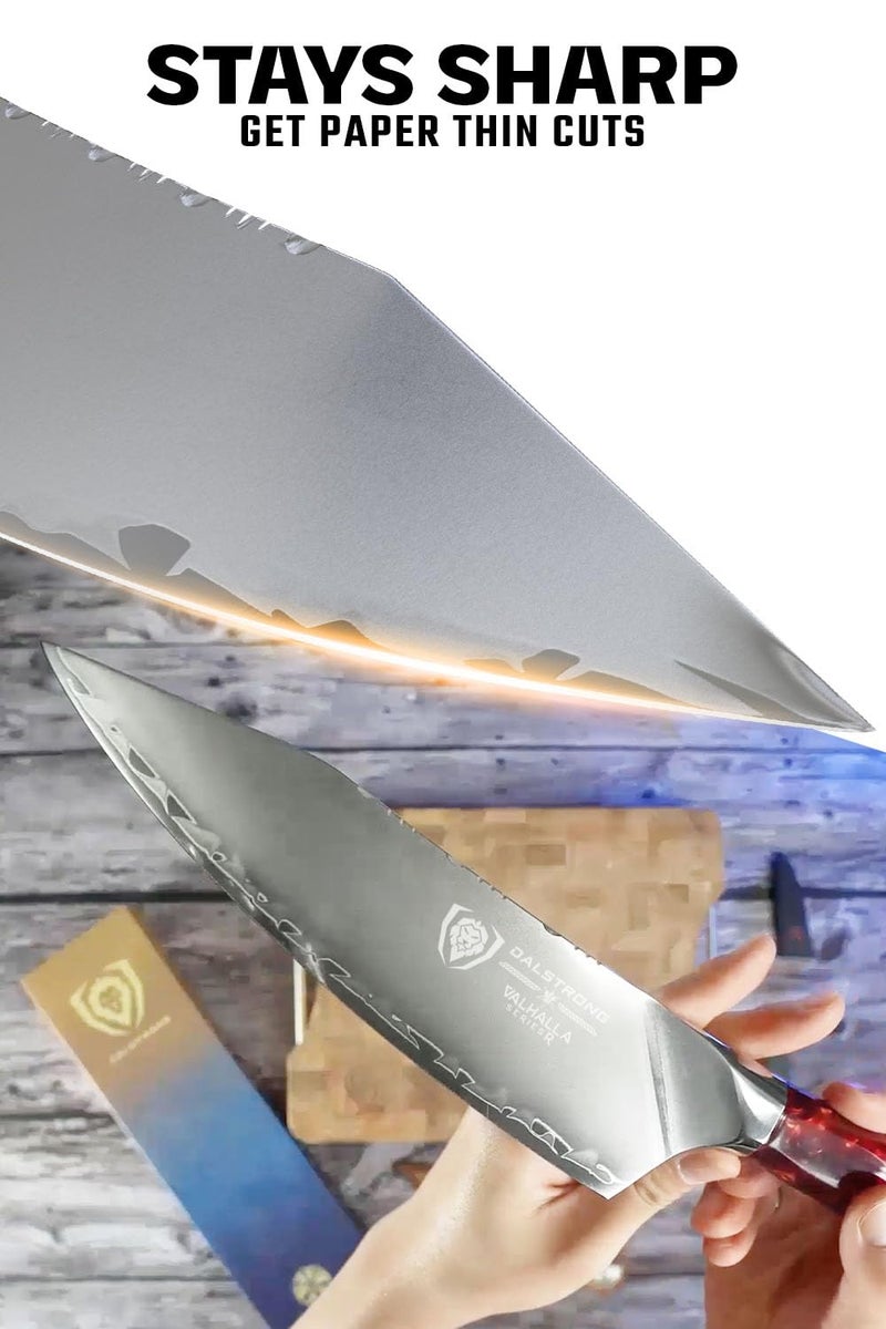 Dalstrong Chef Knife - 8 inch Blade - Premium 9CR18MOV HC Steel - Full Tang - Red Resin Handle - Chef's Knife - Valhalla Series - Razor Sharp Kitchen - Professional Leatther Sheath - Image 2
