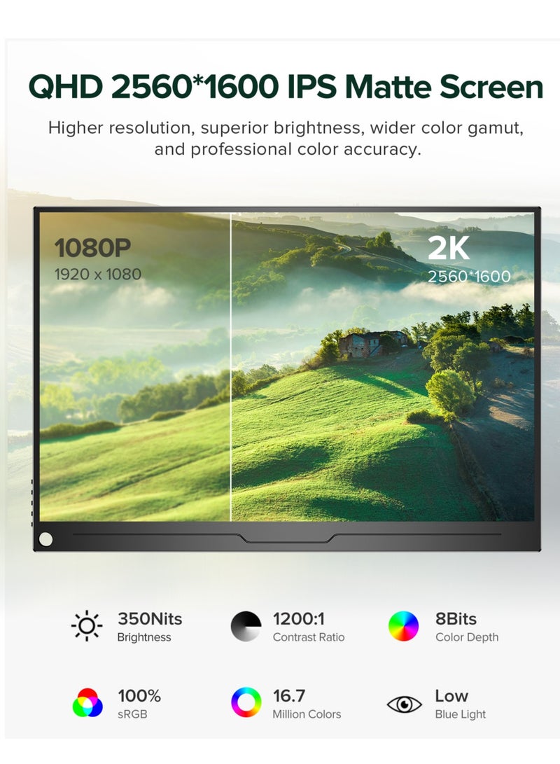 UPERFECT Portable Monitor 16 Inch Portable Monitor 2K QHD 2560 x 1600 IPS Mobile Monitor with Protective Case HDMI Type-C for Laptop,PC, Mac, Phone, PS4, VESA Compatible - Image 2