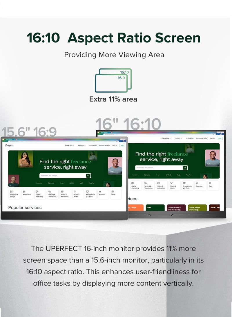UPERFECT Portable Monitor 16 Inch Portable Monitor 2K QHD 2560 x 1600 IPS Mobile Monitor with Protective Case HDMI Type-C for Laptop,PC, Mac, Phone, PS4, VESA Compatible - Image 5