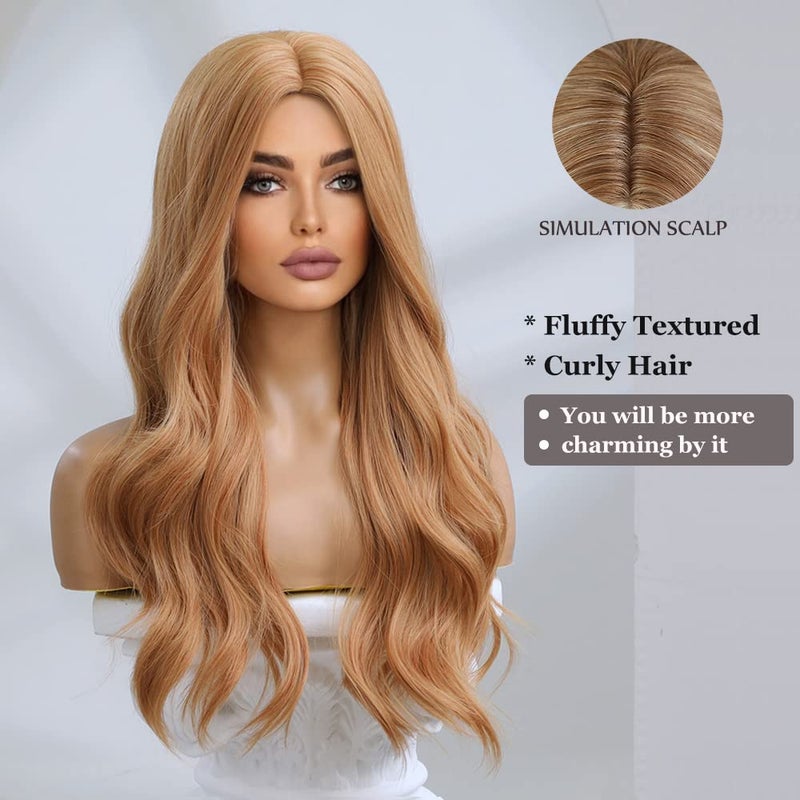 Esmee باروكة إسمى الطويلة المتموجة بلون الفراولة الشقراء للنساء شعر صناعي طبيعي مقاوم للحرارة باروكات للحفلات اليومية وكوسبلاي - 24 بوصة - Image 2