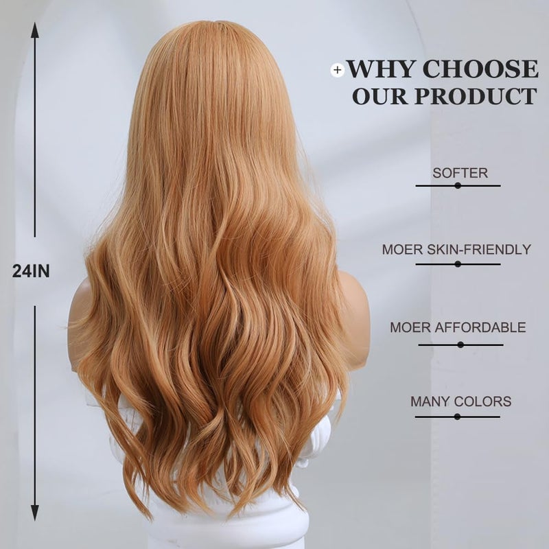 Esmee باروكة إسمى الطويلة المتموجة بلون الفراولة الشقراء للنساء شعر صناعي طبيعي مقاوم للحرارة باروكات للحفلات اليومية وكوسبلاي - 24 بوصة - Image 4