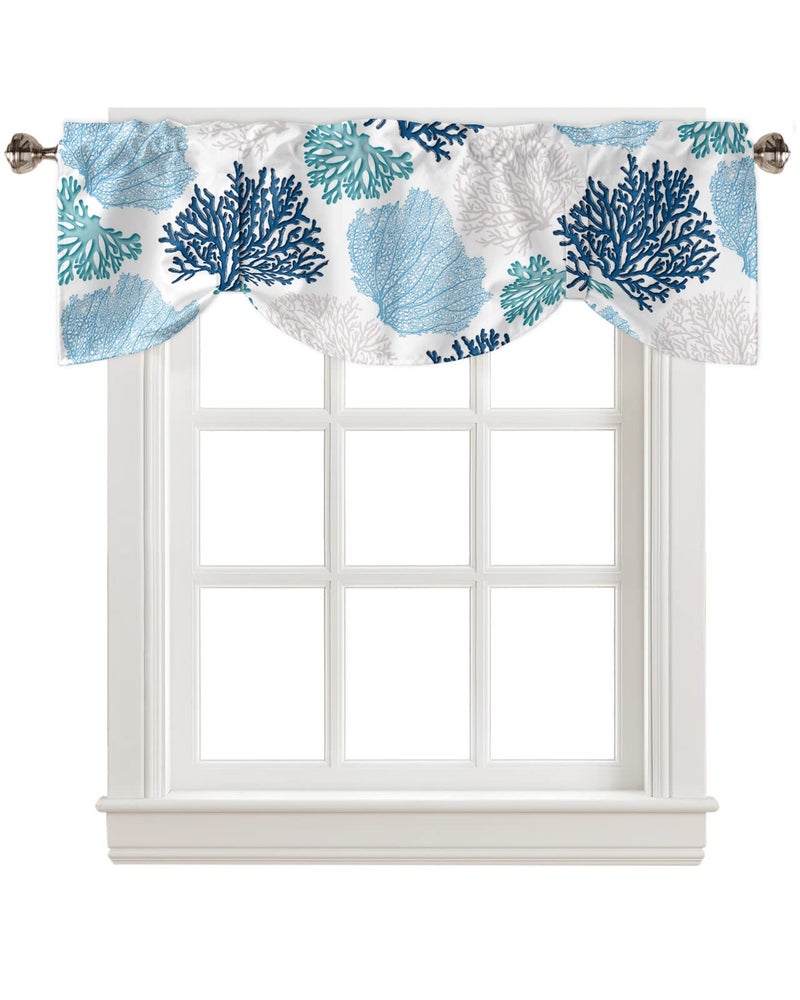 LooPoP Tie Up Valance for Windows Nautical Coastal Ocean Coral Curtains Valances Rod Pocket Valance Window Treatments Beach Navy Blue Teal Balloon Curtains for Kitchen Living Room Bedroom Bathroom 60x18 - Image 1