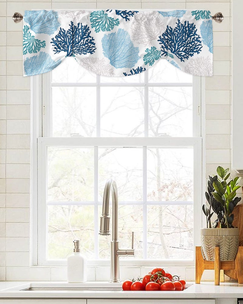LooPoP Tie Up Valance for Windows Nautical Coastal Ocean Coral Curtains Valances Rod Pocket Valance Window Treatments Beach Navy Blue Teal Balloon Curtains for Kitchen Living Room Bedroom Bathroom 60x18 - Image 4