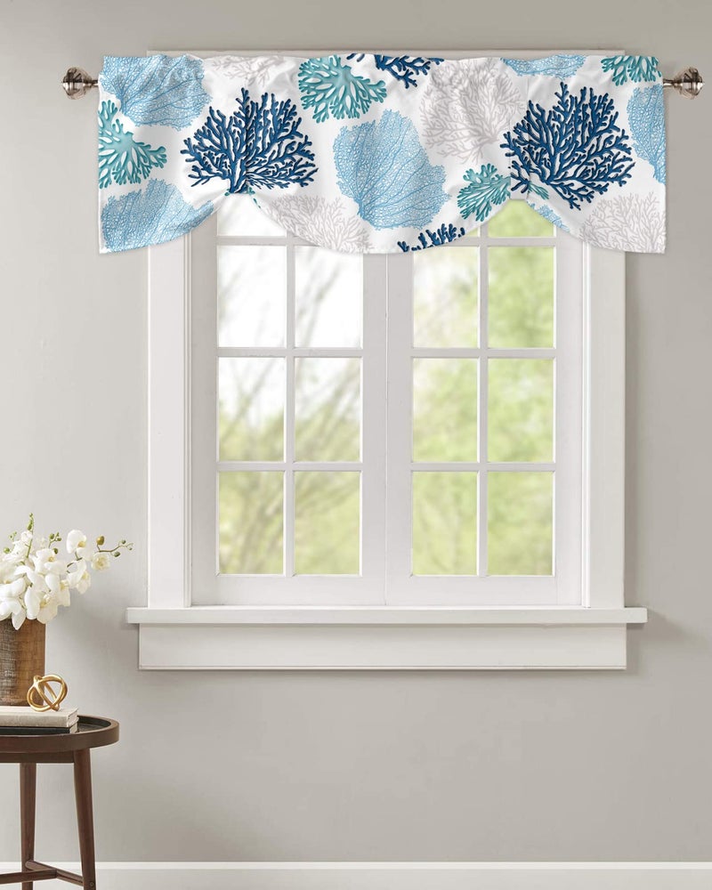 LooPoP Tie Up Valance for Windows Nautical Coastal Ocean Coral Curtains Valances Rod Pocket Valance Window Treatments Beach Navy Blue Teal Balloon Curtains for Kitchen Living Room Bedroom Bathroom 60x18 - Image 2
