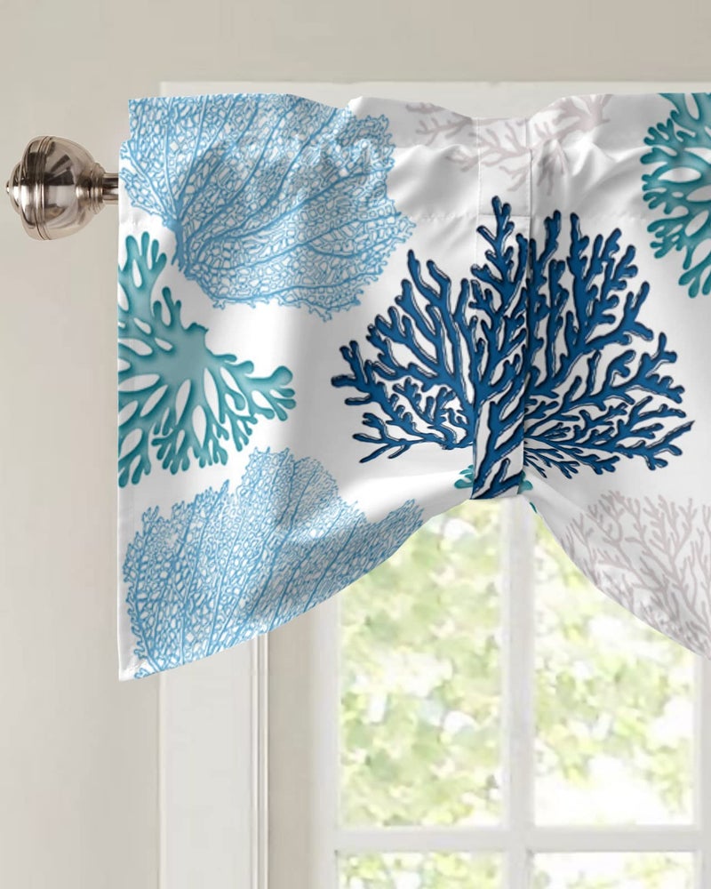 LooPoP Tie Up Valance for Windows Nautical Coastal Ocean Coral Curtains Valances Rod Pocket Valance Window Treatments Beach Navy Blue Teal Balloon Curtains for Kitchen Living Room Bedroom Bathroom 60x18 - Image 3