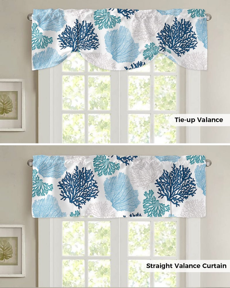 LooPoP Tie Up Valance for Windows Nautical Coastal Ocean Coral Curtains Valances Rod Pocket Valance Window Treatments Beach Navy Blue Teal Balloon Curtains for Kitchen Living Room Bedroom Bathroom 60x18 - Image 5
