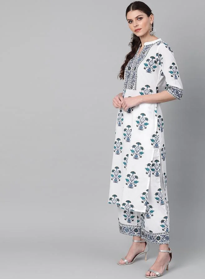 Libas White Printed Cotton Straight Kurta with Palazzo Set