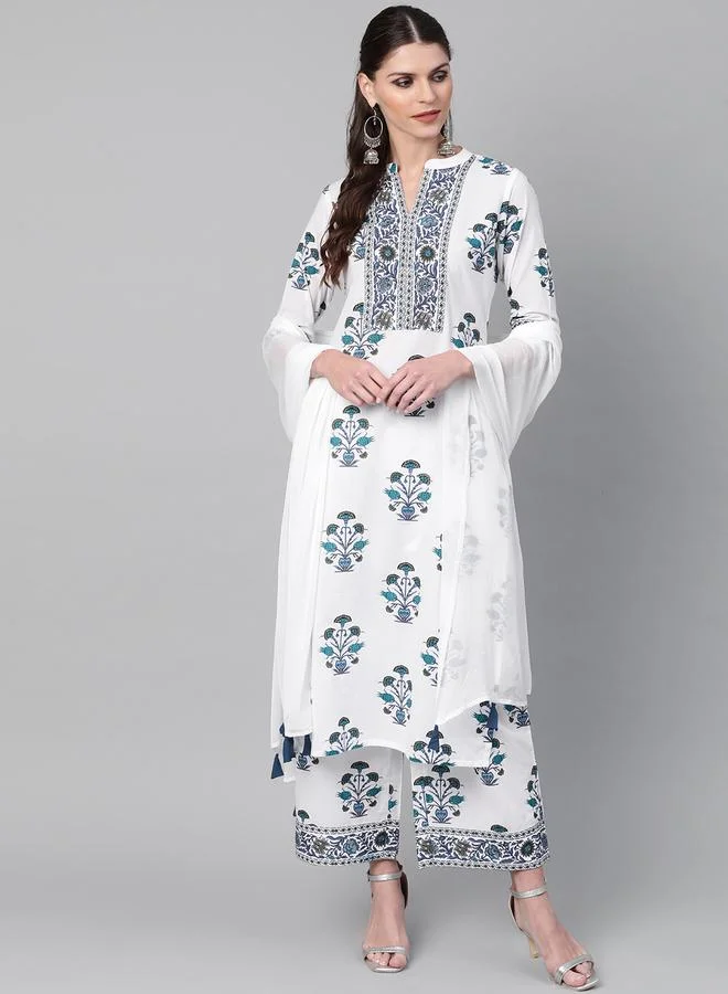 Libas White Printed Cotton Straight Kurta with Palazzo Set